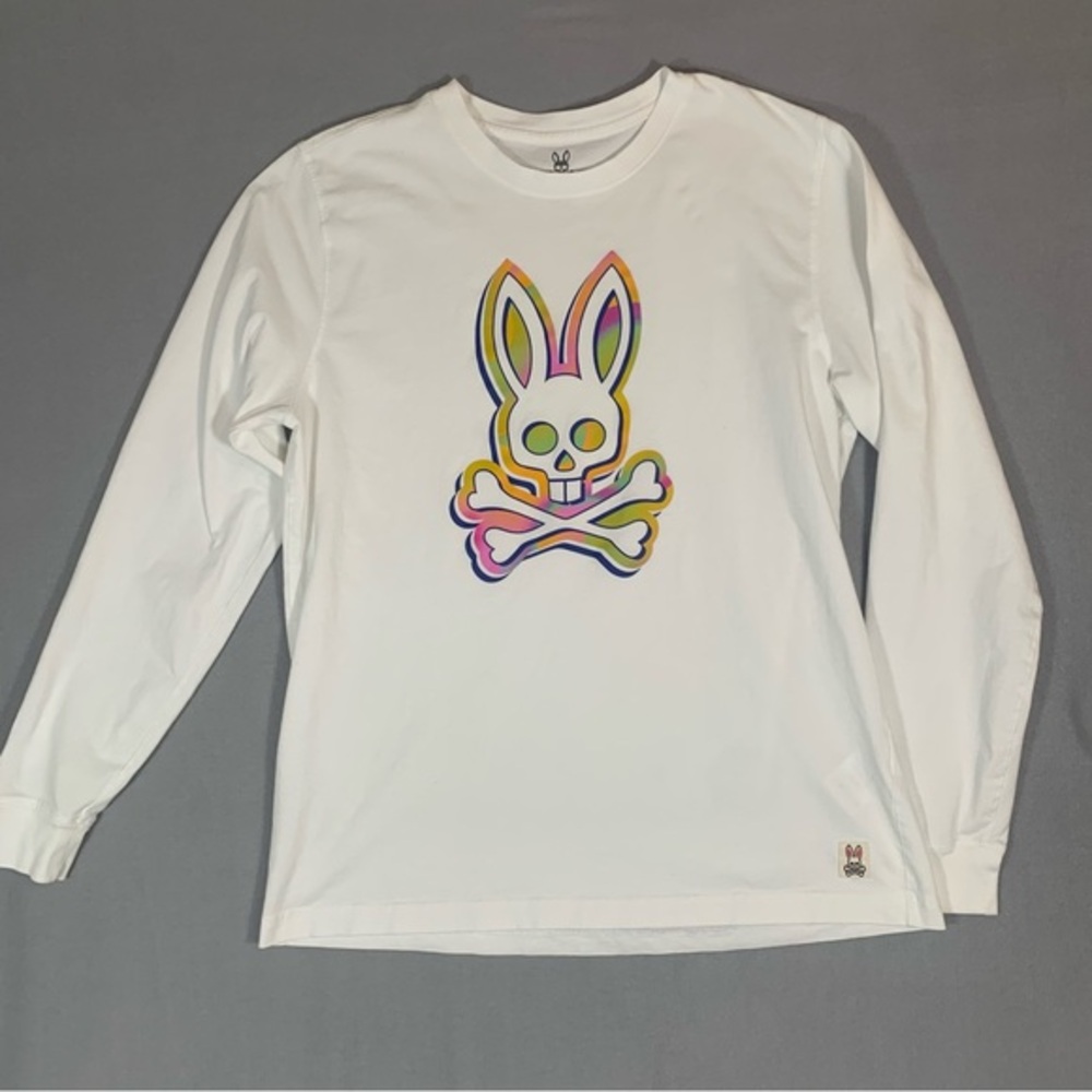 Psycho Bunny White Long Sleeve Tee with Multicolor Skull Design Mens Med